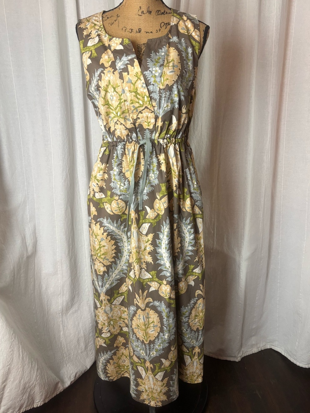 Spartina 449 Eisley Midi Dress Sugar Mill Damask Gray Sleeveless V-Neck Sz Large